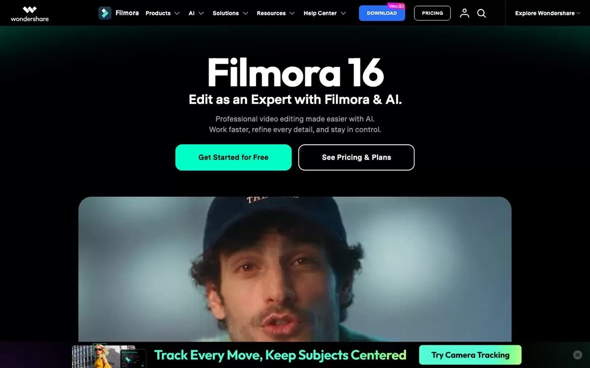 Filmora 16 homepage by Wondershare, one of the best AI video editing tools
