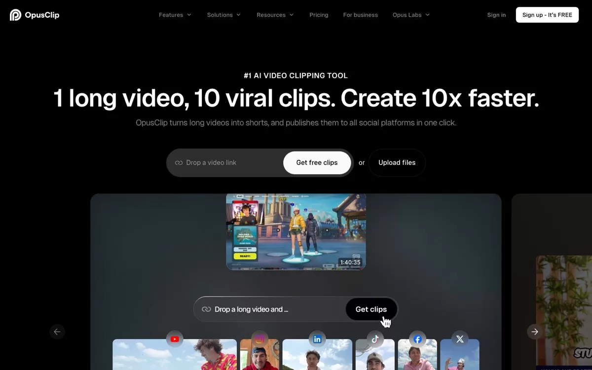OpusClip homepage: turn one long video into 10 viral clips, one of the best AI video editing tools