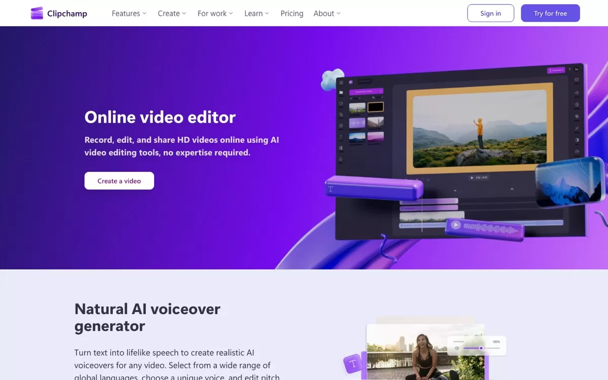 Clipchamp online video editor with AI voiceover, one of the best AI voice generators