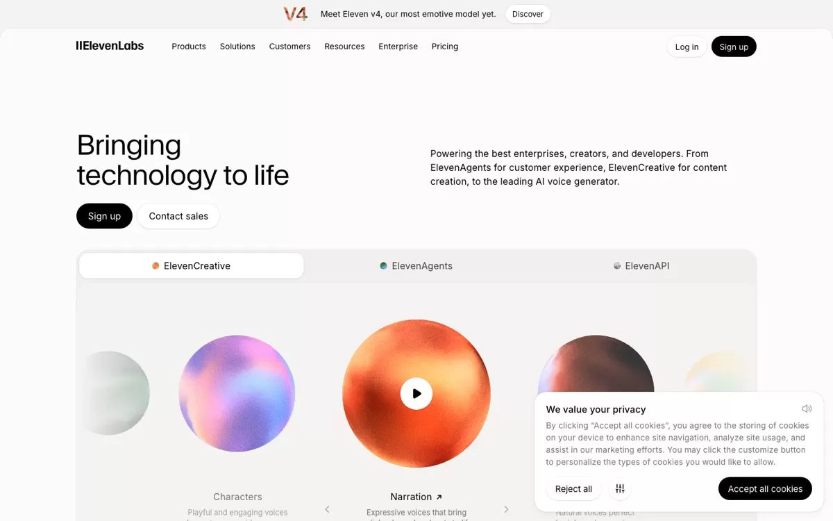ElevenLabs homepage, the AI voice platform, one of the best AI voice generators