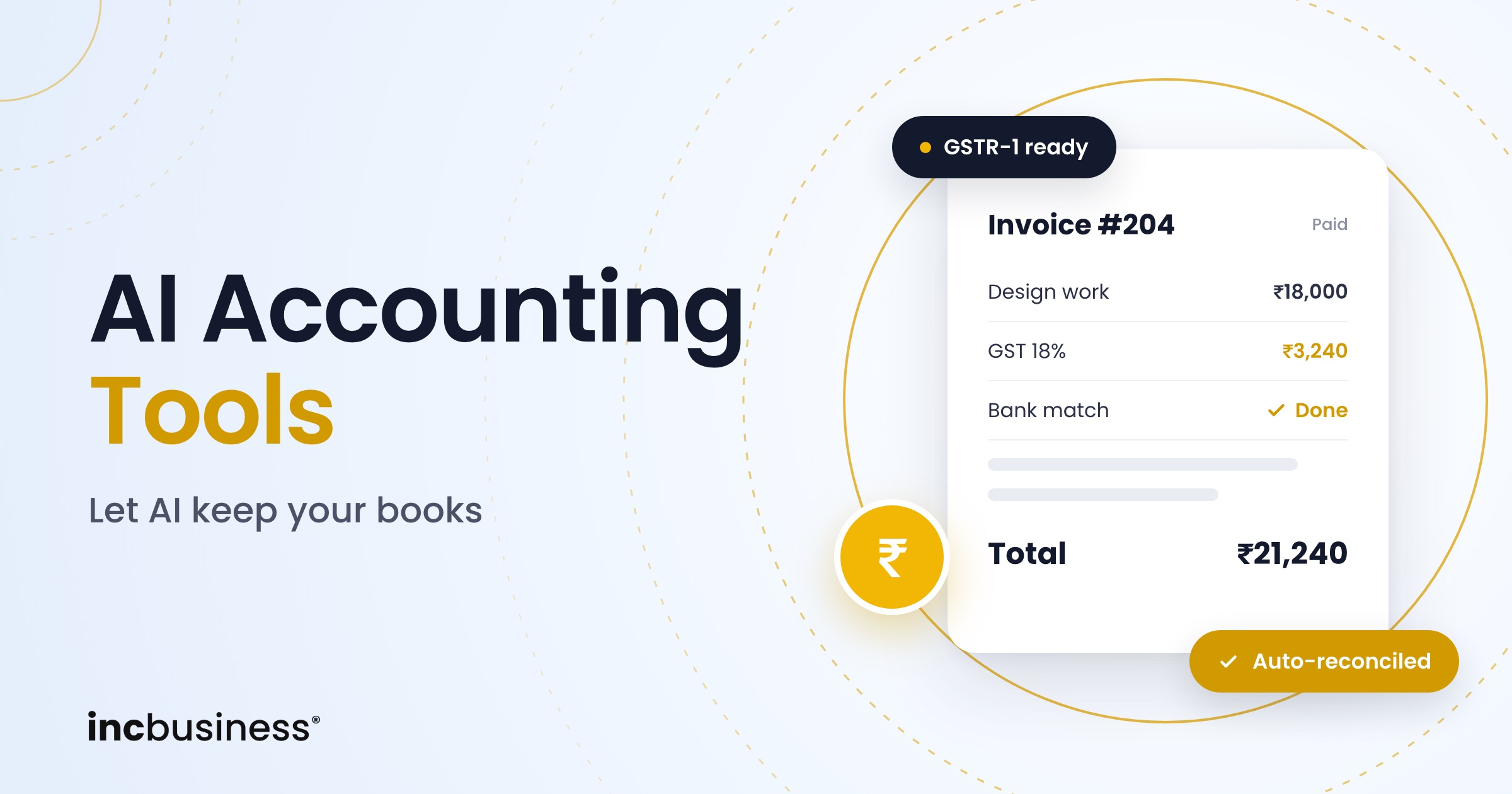 Invoice card with GST and a rupee coin, a cover for the best AI accounting tools guide