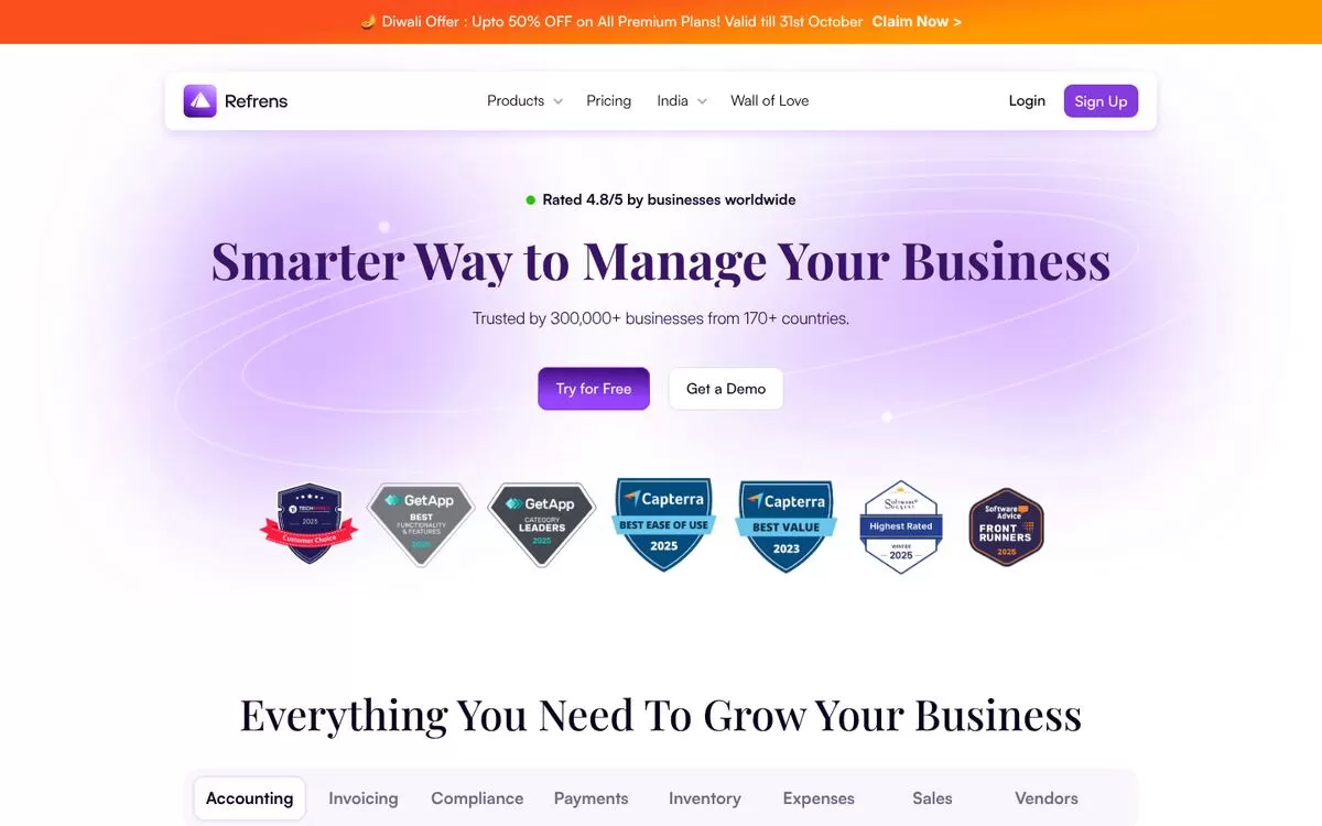 Refrens homepage showing its business management platform, one of the best AI accounting tools