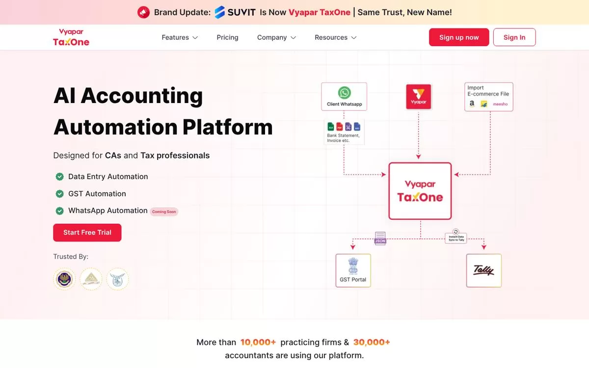 Vyapar TaxOne homepage showing an AI accounting automation platform, one of the best AI accounting tools