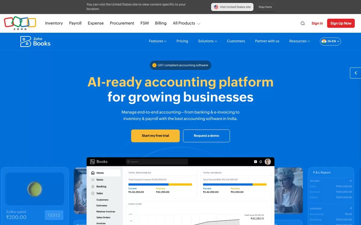 Zoho Books homepage showing GST compliant accounting software, one of the best AI accounting tools