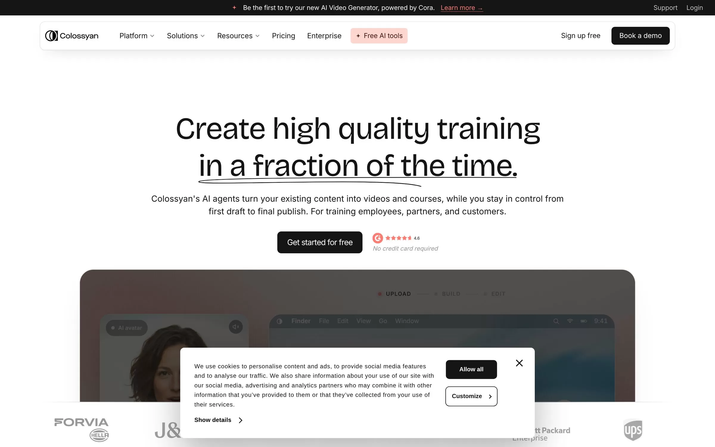 Colossyan homepage about creating training videos and courses with AI, one of the best AI avatar video generators