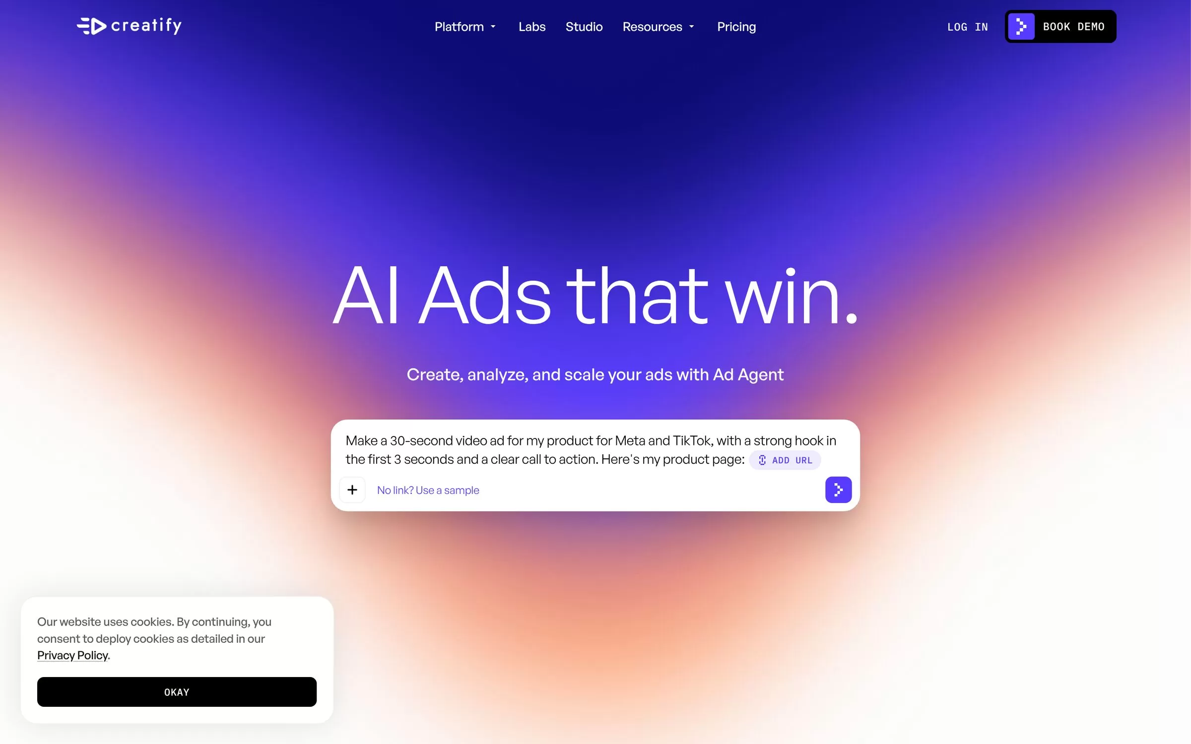 Creatify homepage with the headline AI Ads that win, one of the best AI avatar video generators for ads