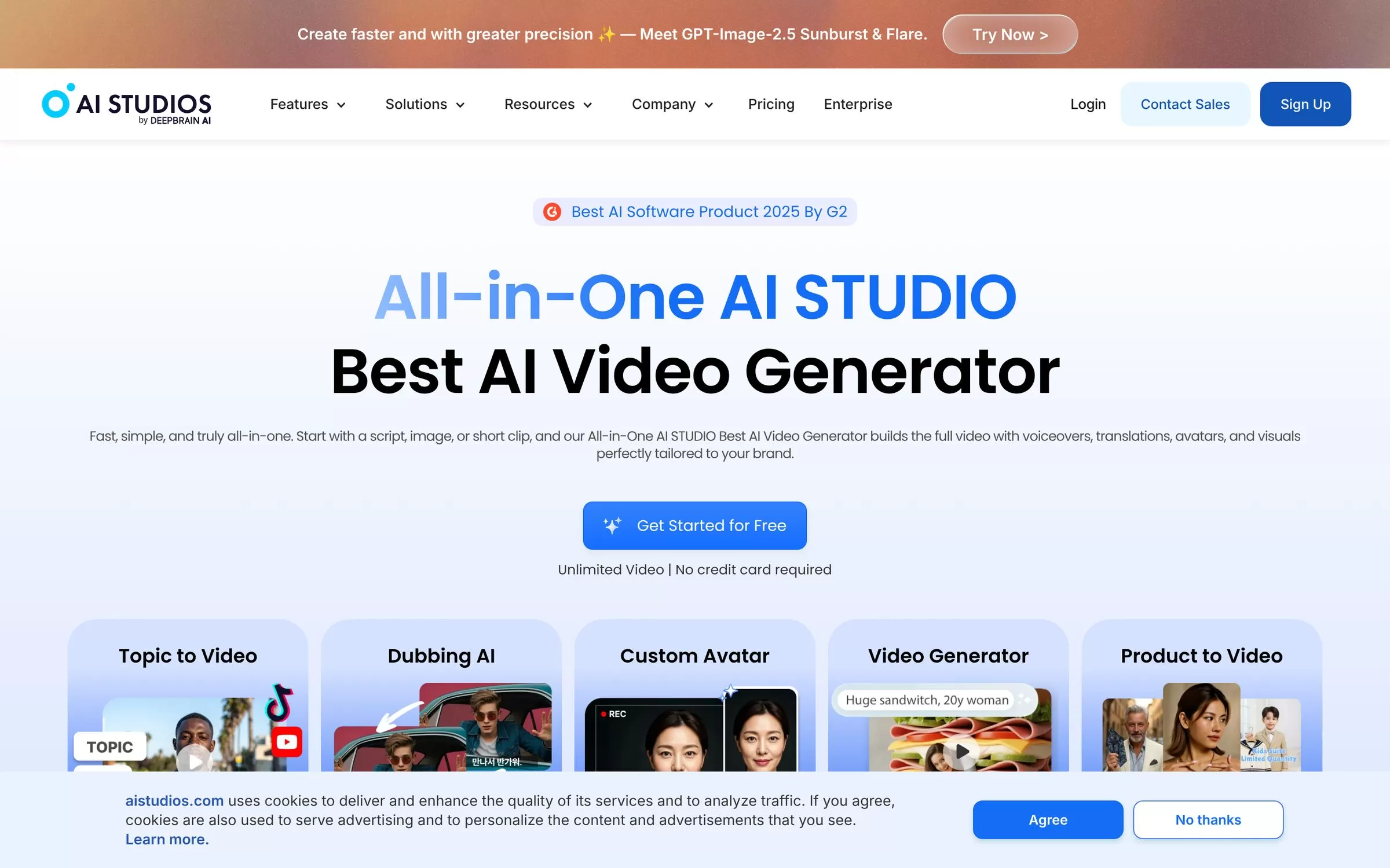 DeepBrain AI Studios homepage listing topic to video, dubbing and custom avatar, one of the best AI avatar video generators