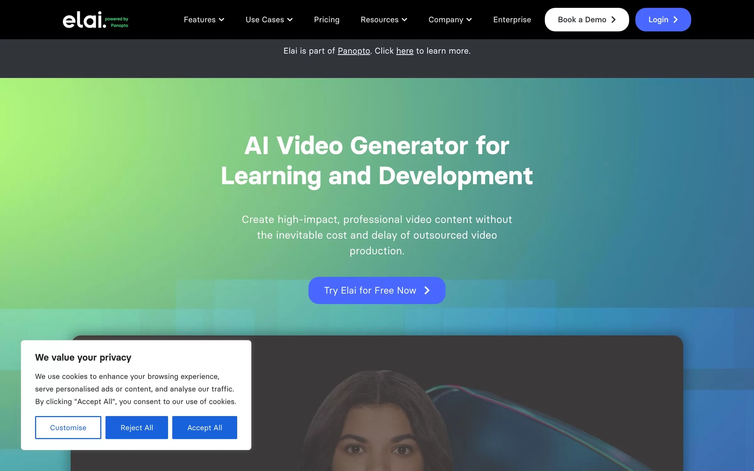 Elai homepage for an AI video generator for learning and development, one of the best AI avatar video generators
