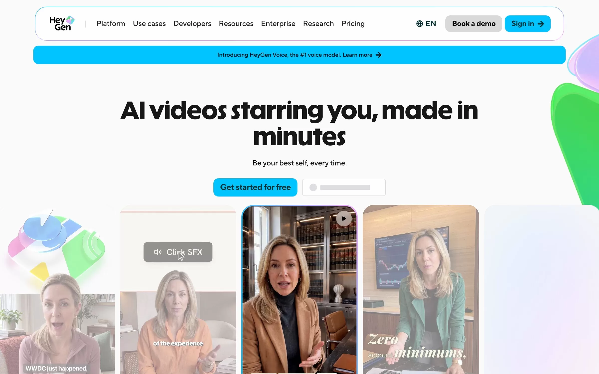 HeyGen homepage with the headline AI videos starring you, made in minutes, one of the best AI avatar video generators