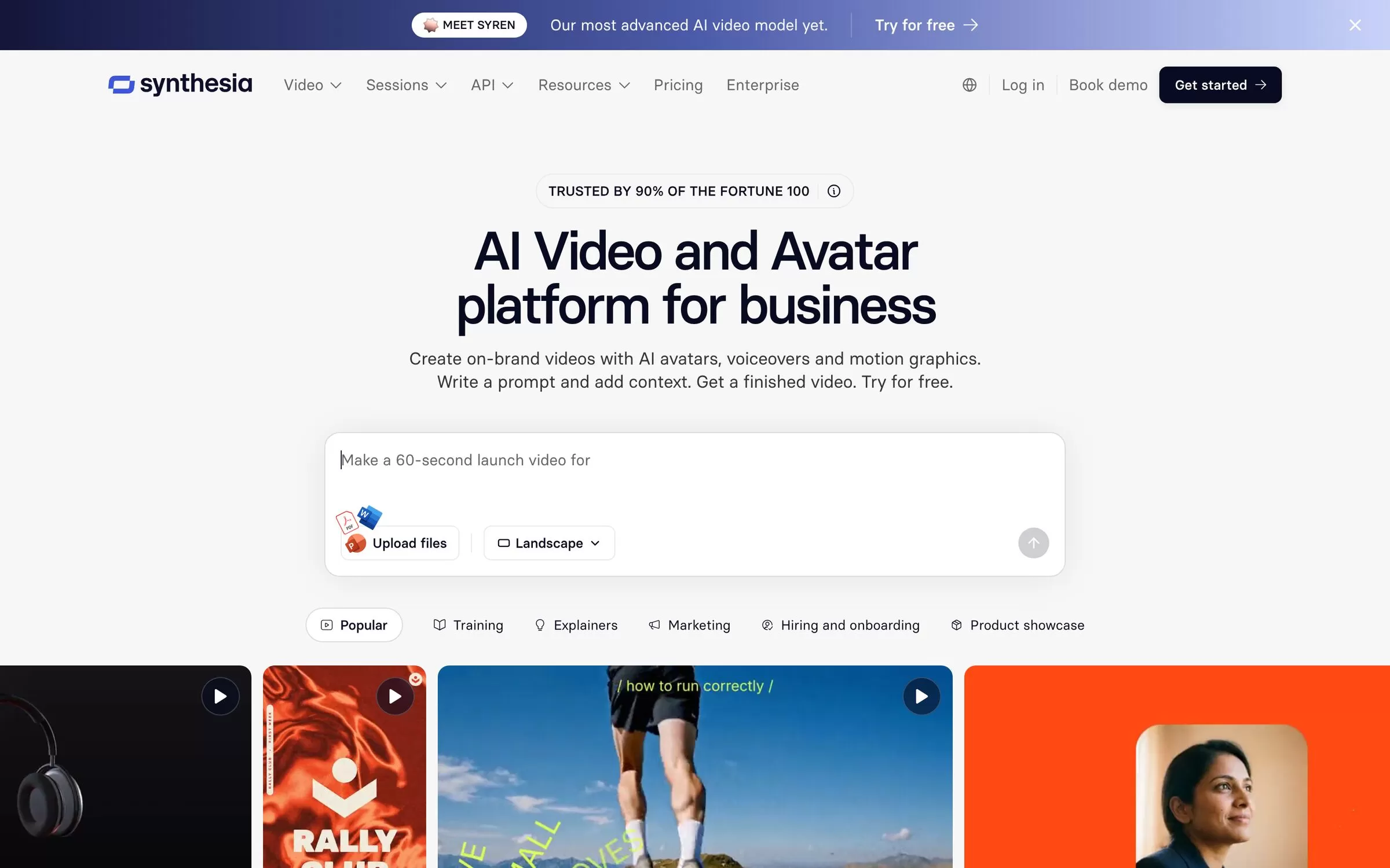 Synthesia homepage showing an AI video and avatar platform for business, one of the best AI avatar video generators
