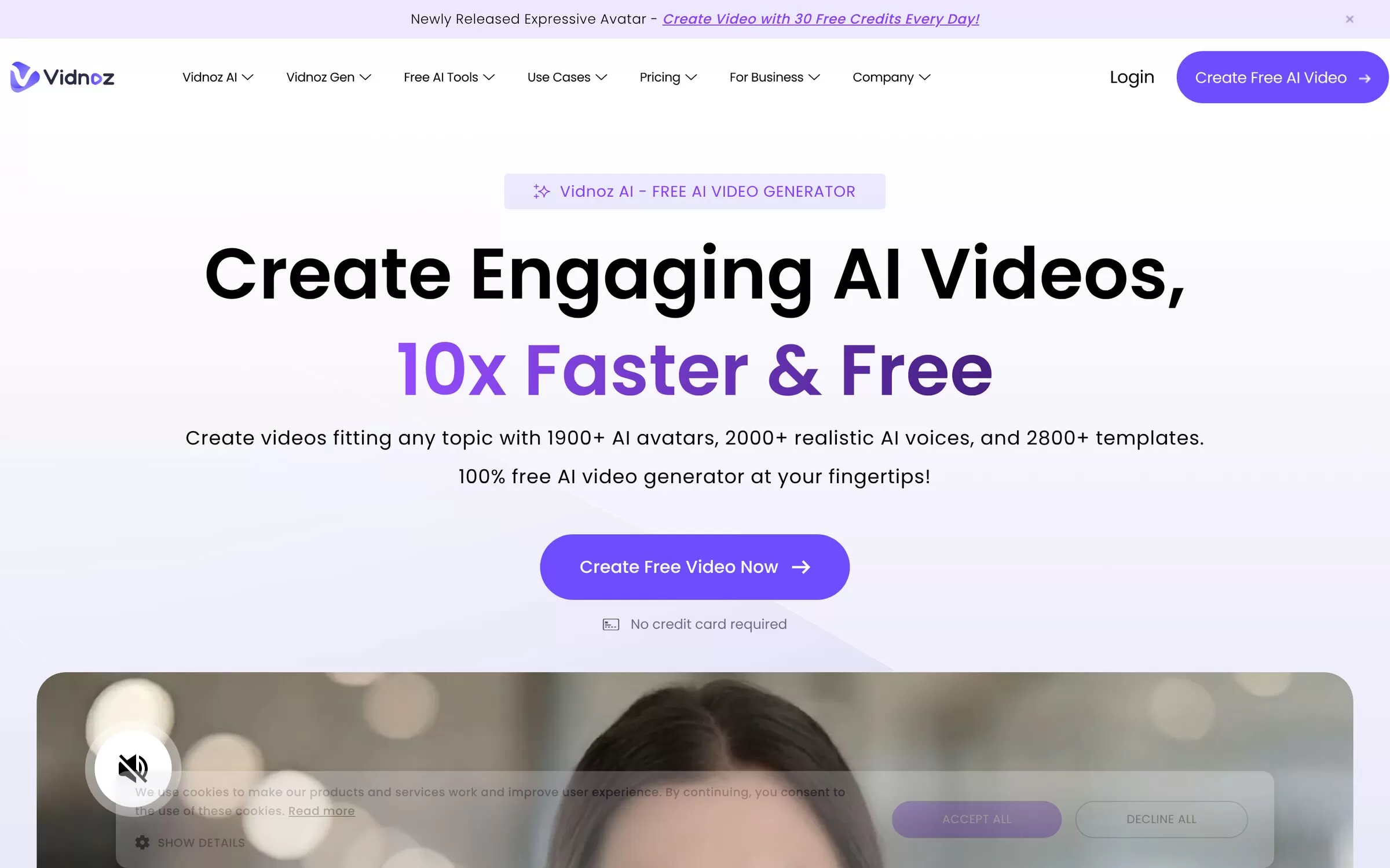 Vidnoz homepage offering free AI avatar videos with 1900+ avatars, one of the best AI avatar video generators
