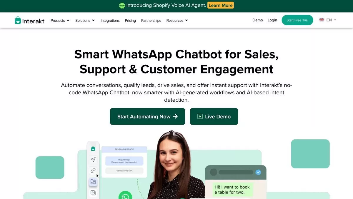 Interakt WhatsApp chatbot page for sales and support automation, one of the best AI chatbot builders