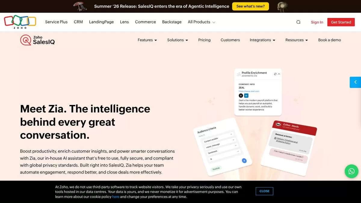 Zoho SalesIQ page for the Zia AI assistant behind website chatbots, one of the best AI chatbot builders