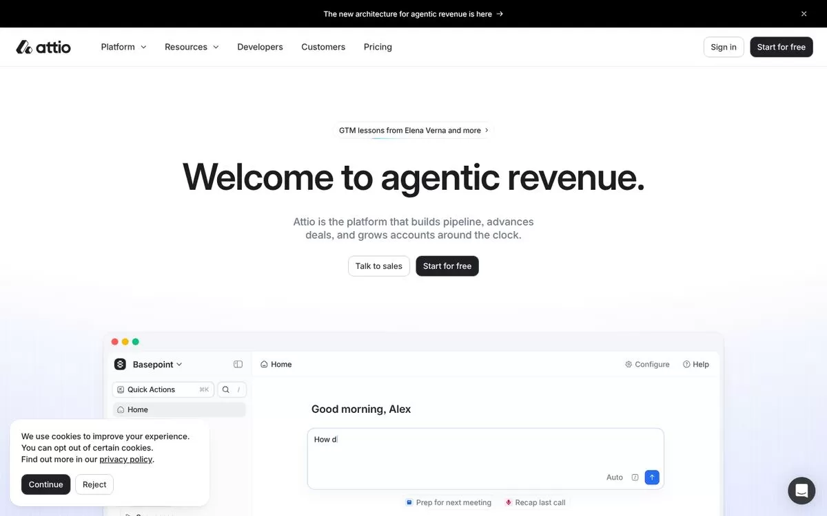 Attio homepage for an AI CRM that builds pipeline, one of the best AI CRM tools
