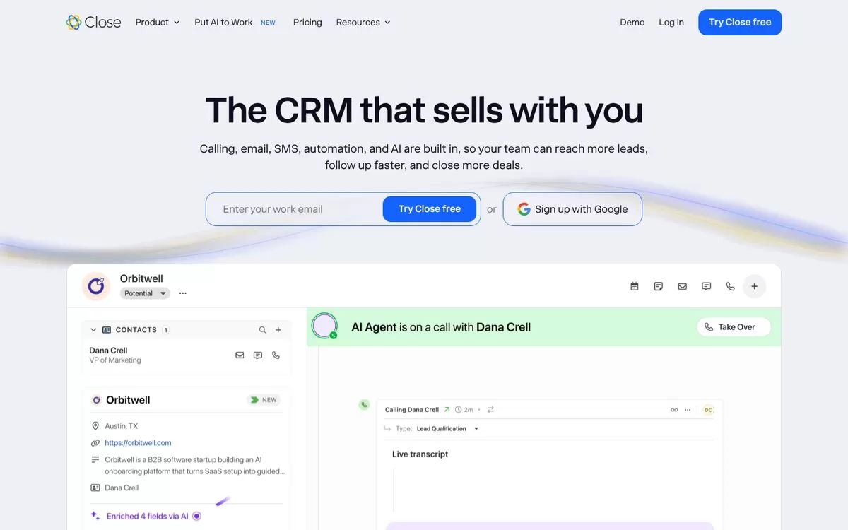 Close homepage showing calls, email and an AI agent in one CRM, one of the best AI CRM tools