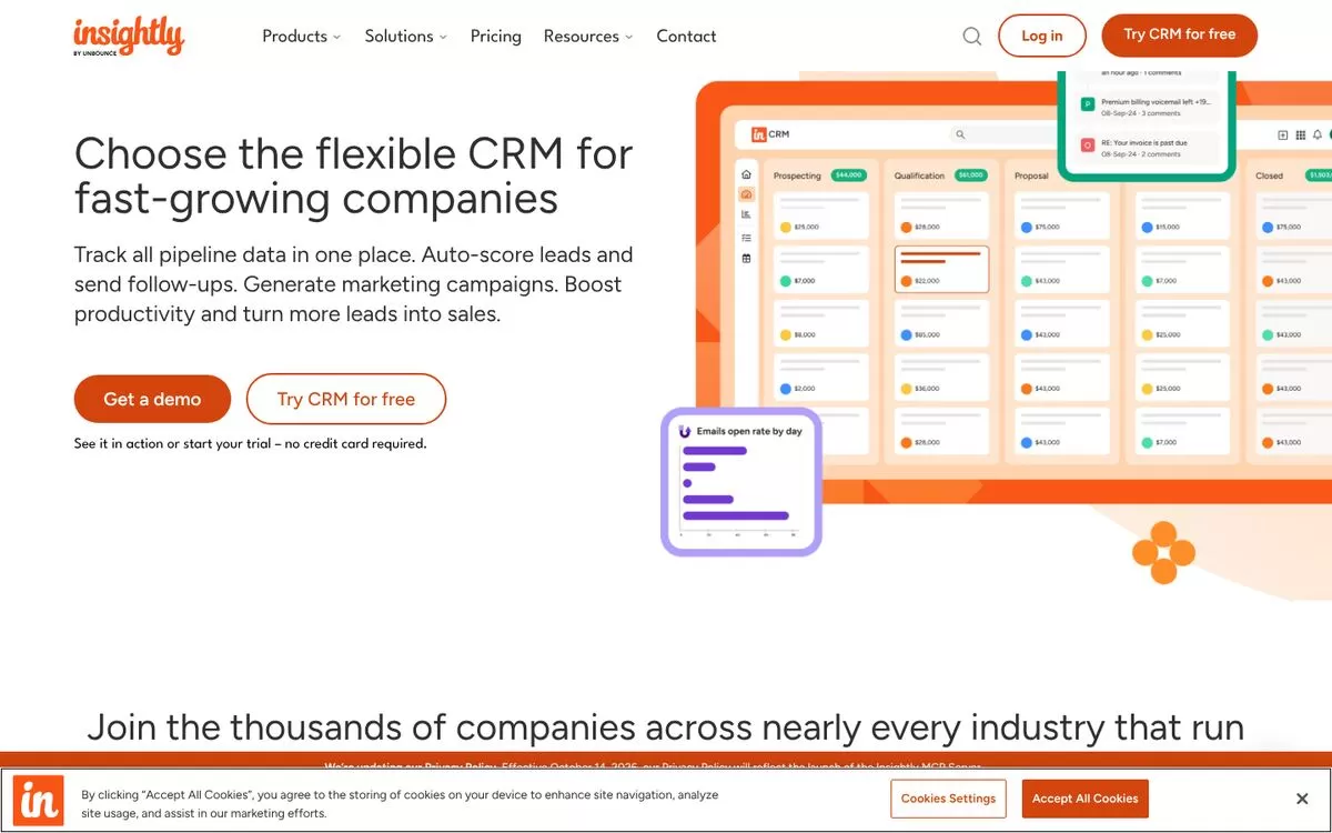 Insightly homepage for a flexible CRM for fast-growing companies, one of the best AI CRM tools