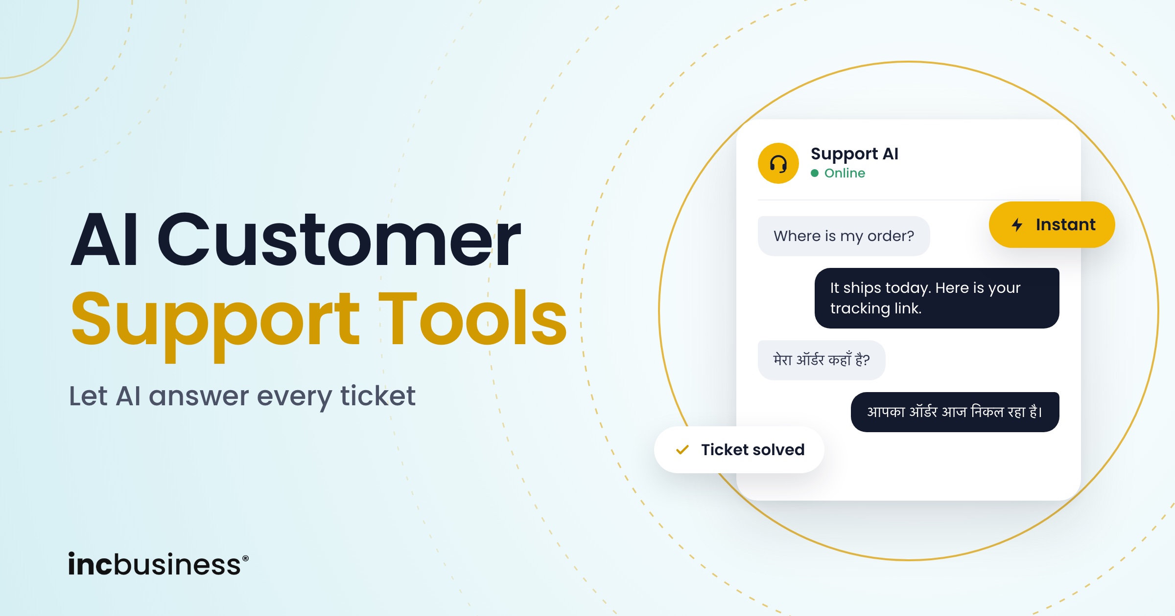 Chat window answering a customer in English and Hindi, cover for the best AI customer support tools