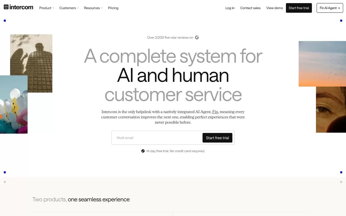 Intercom homepage showing its Fin AI agent for customer service, one of the best AI customer support tools