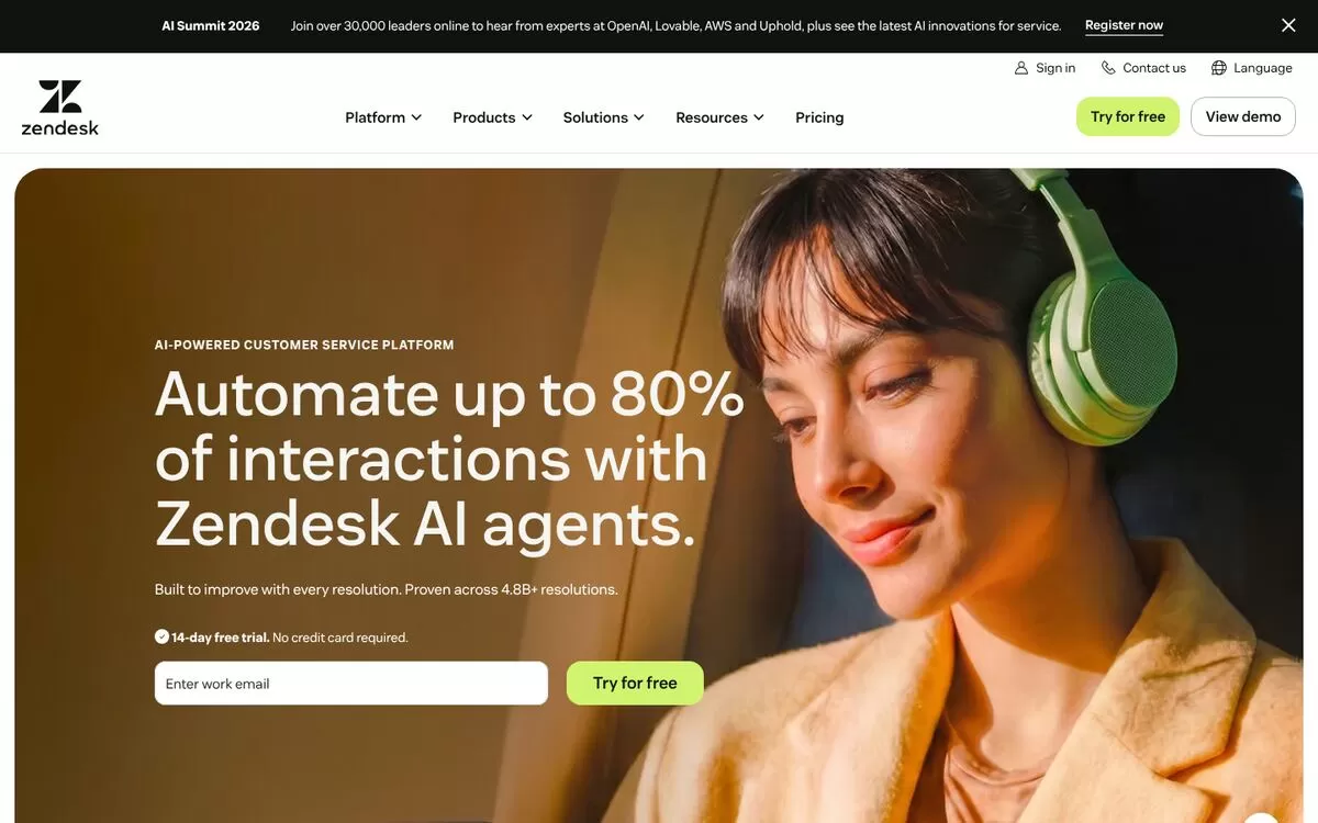 Zendesk homepage promoting AI agents for customer service, one of the best AI customer support tools