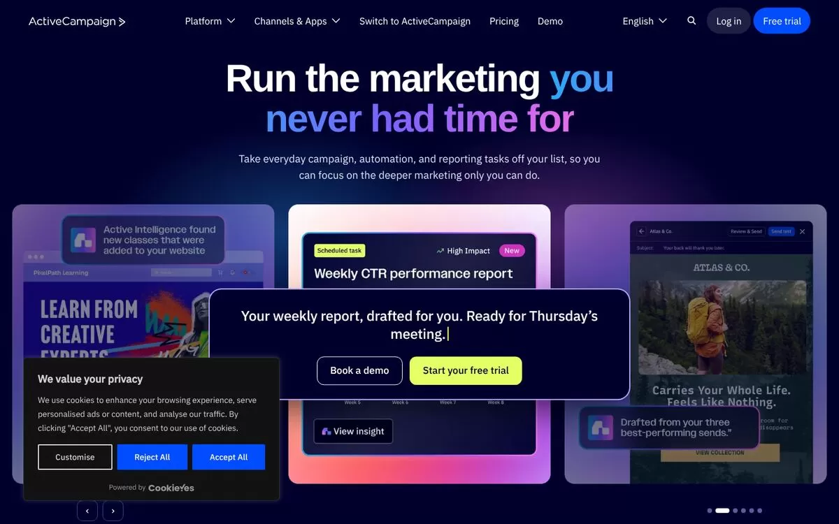 ActiveCampaign homepage showing AI drafted campaigns, one of the best AI email marketing tools