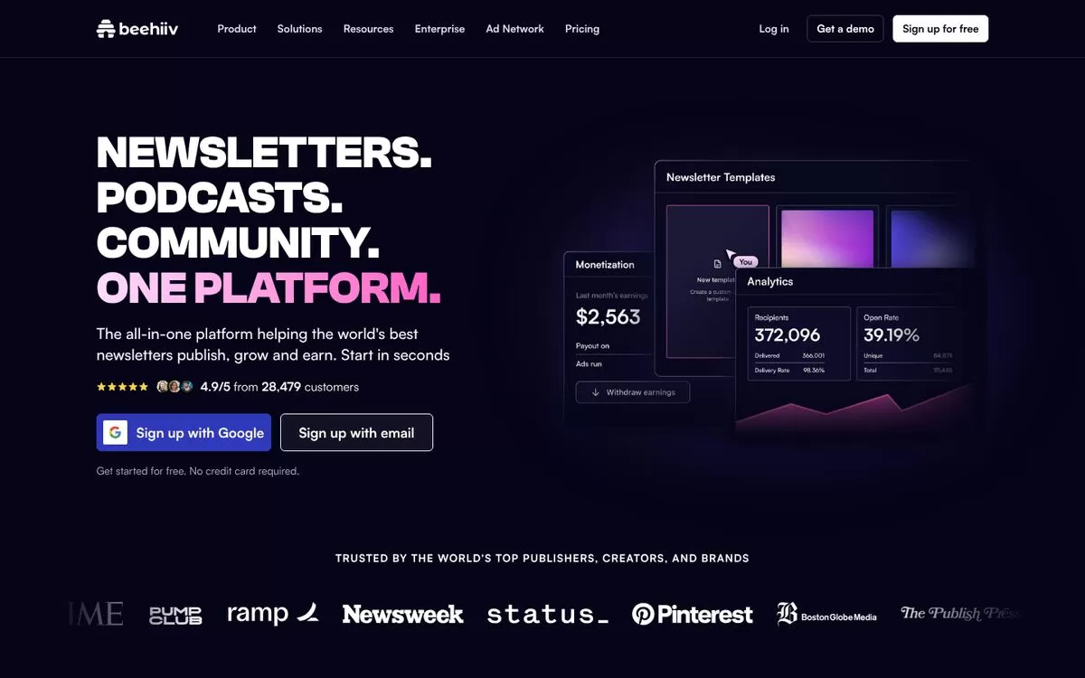 beehiiv homepage showing newsletter tools, one of the best AI email marketing tools