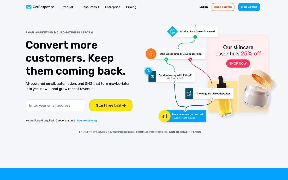 GetResponse homepage showing an automation flow, one of the best AI email marketing tools