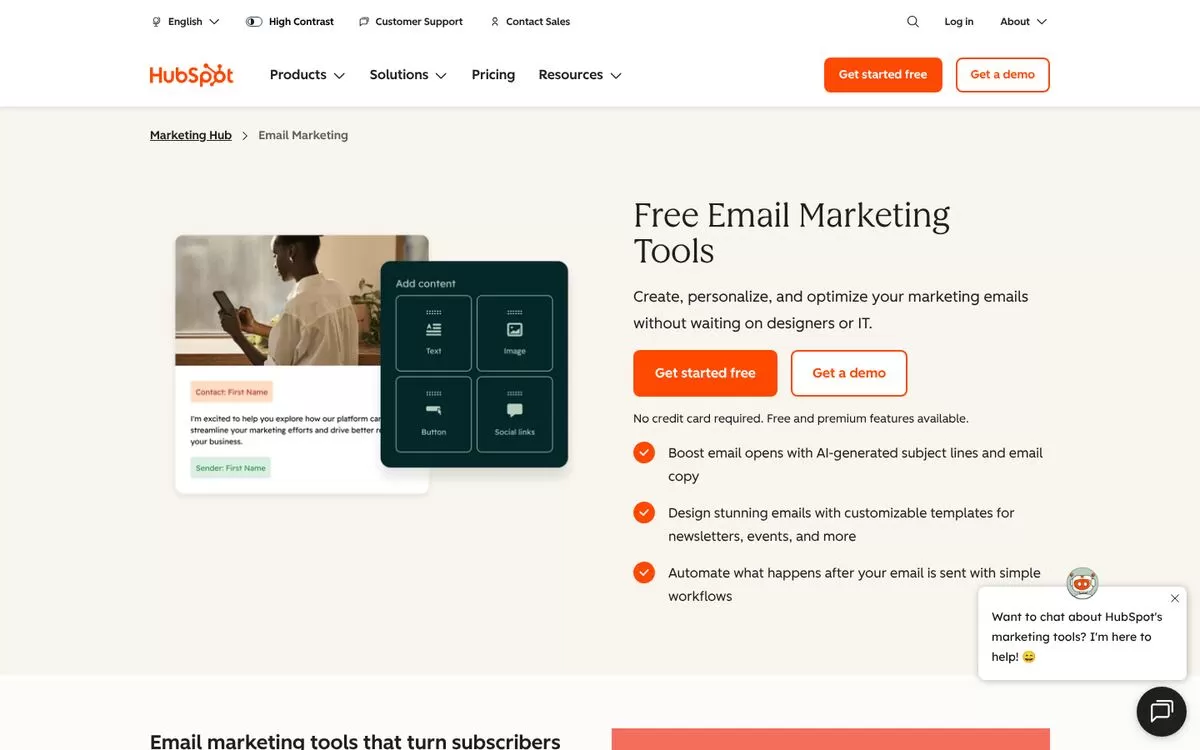 HubSpot email marketing page showing AI generated subject lines, one of the best AI email marketing tools