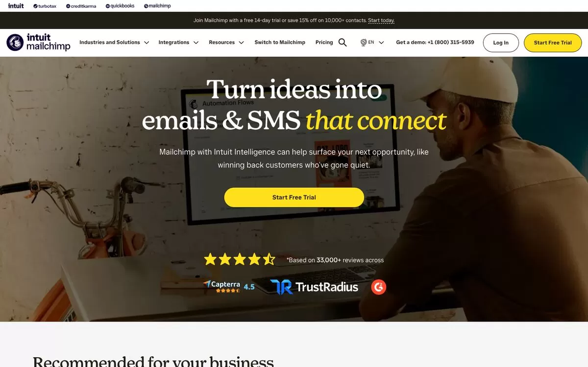 Mailchimp homepage showing email and SMS campaigns, one of the best AI email marketing tools