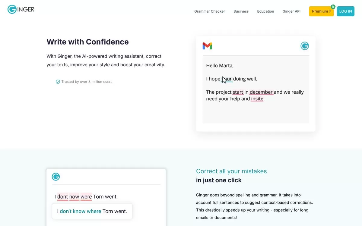 Ginger homepage showing grammar correction in an email, an AI grammar checker online, one of the best AI grammar checkers