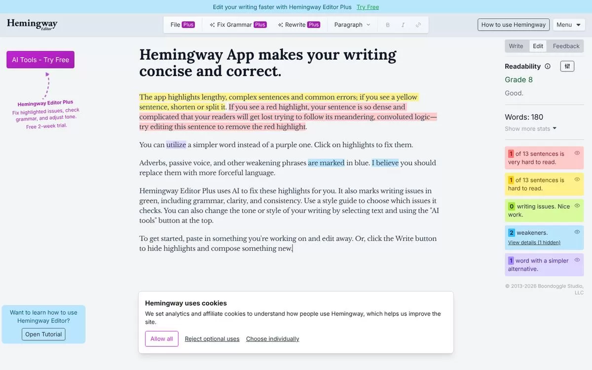 Hemingway Editor app highlighting hard sentences and readability, an AI grammar checker for clear writing, one of the best AI grammar checkers