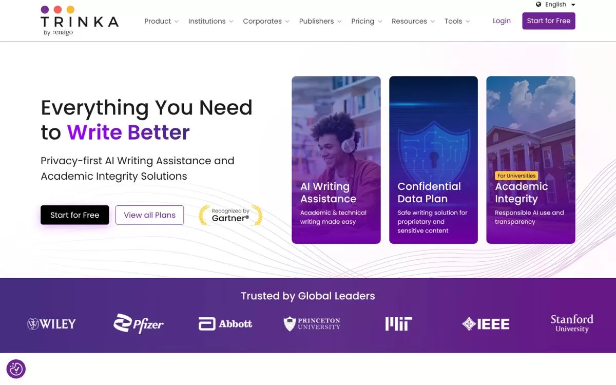 Trinka homepage for an AI grammar checker and writing assistant for academic English, one of the best AI grammar checkers