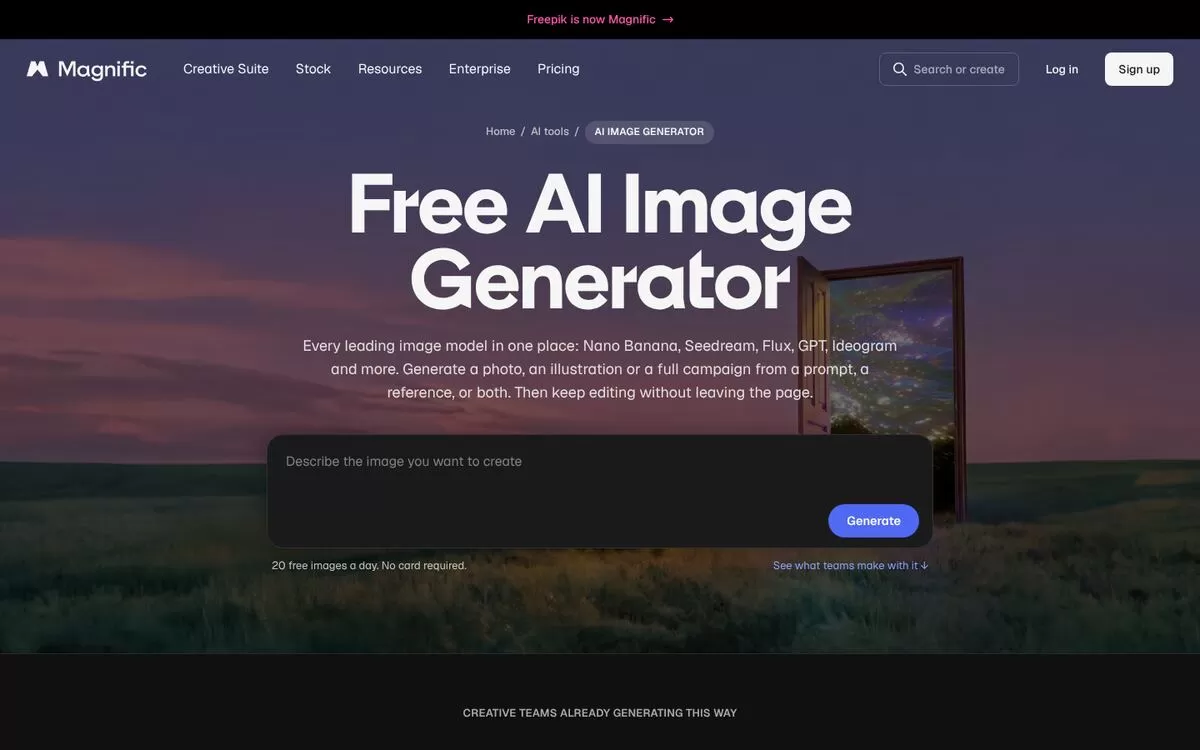 Magnific AI image generator page offering 20 free images a day, one of the best AI image generators