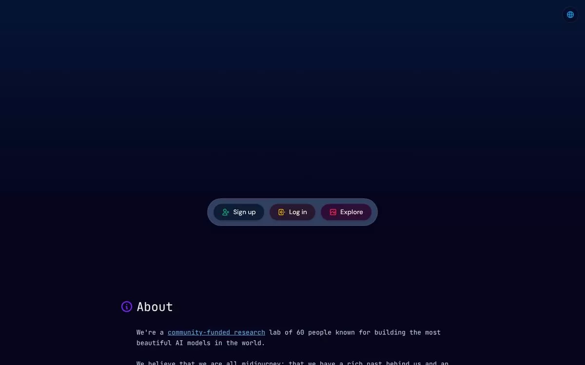 Midjourney homepage with sign up and explore buttons, one of the best AI image generators