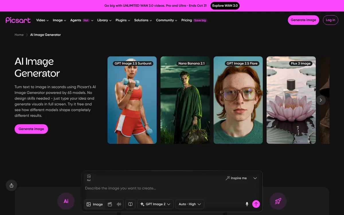 Picsart AI image generator page with a prompt box and model picker, one of the best AI image generators