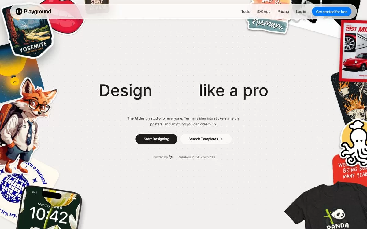 Playground homepage showing AI-designed stickers, posters and merch, one of the best AI image generators