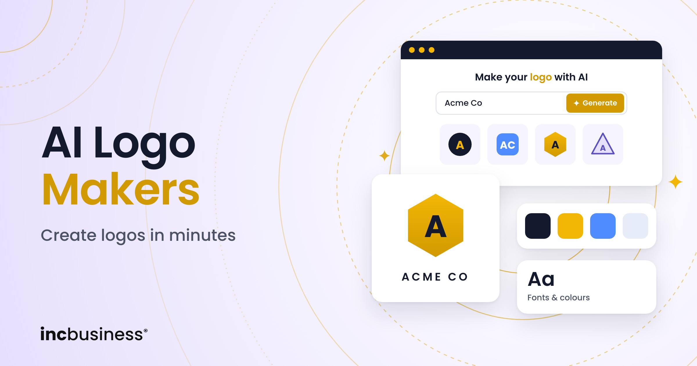 Cover for the guide to the best AI logo makers, showing a logo maker page and a sample gold logo