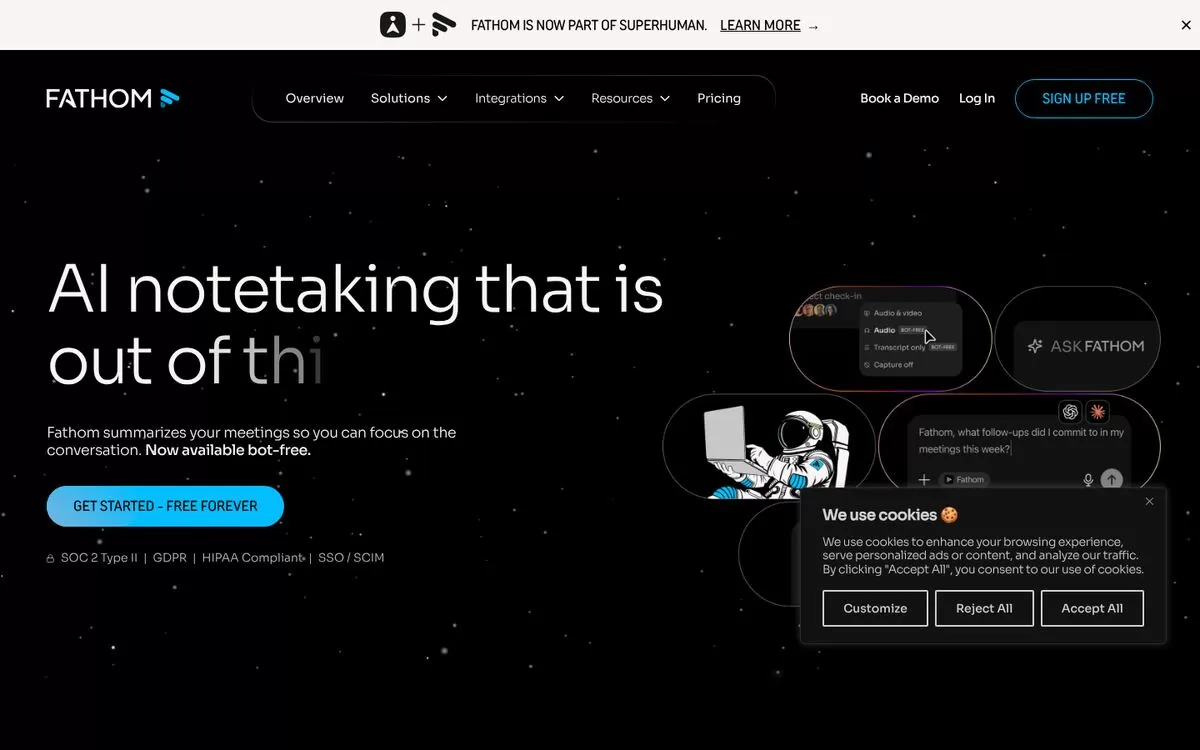 Fathom website homepage, one of the best AI meeting note takers