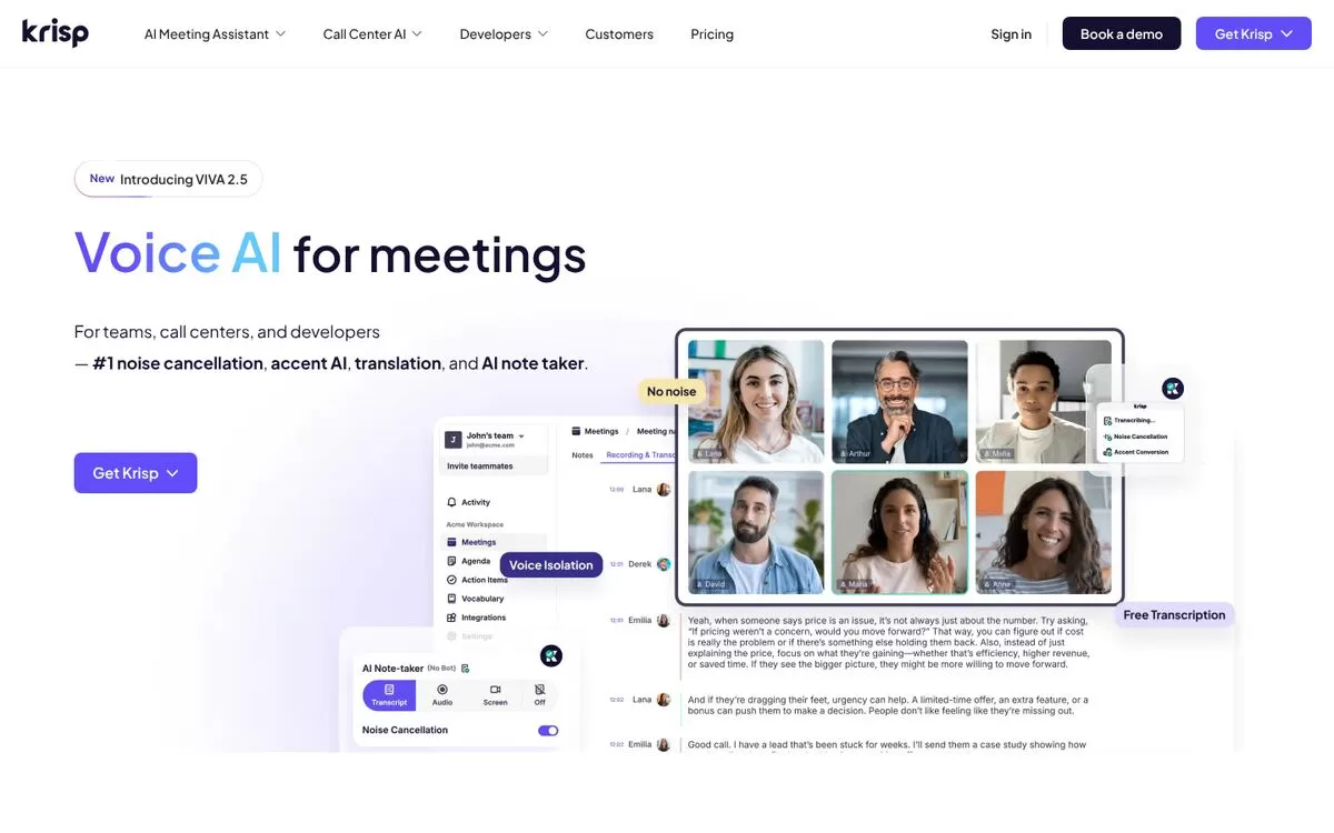 Krisp website homepage, one of the best AI meeting note takers