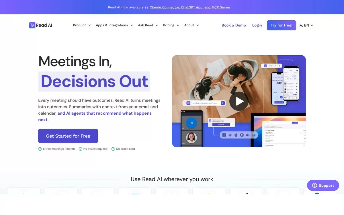 Read AI website homepage, one of the best AI meeting note takers