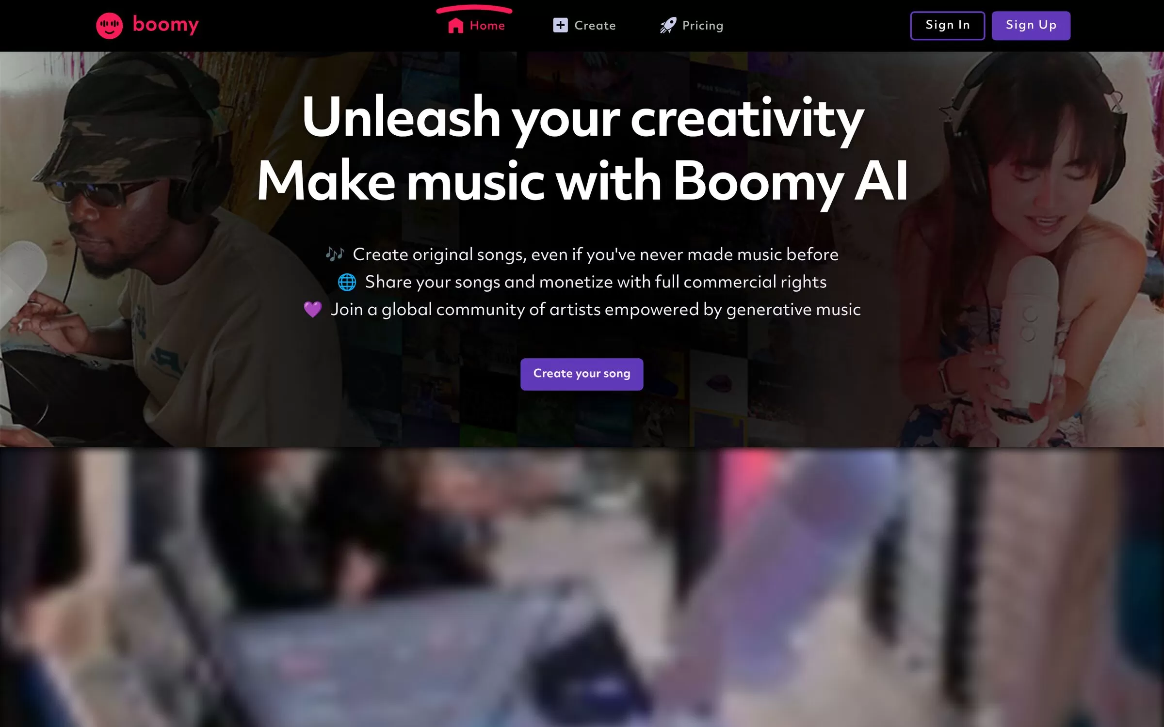 Boomy homepage inviting people to make music with AI, one of the best AI music generators