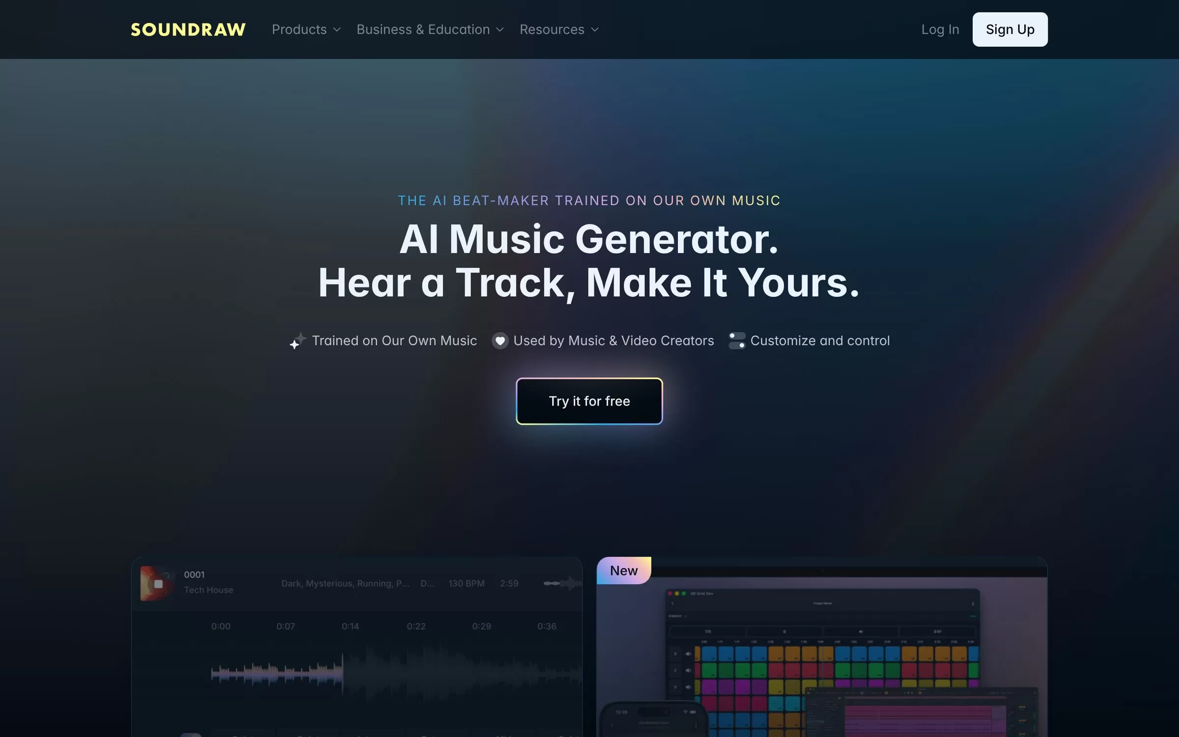 Soundraw homepage for making AI music tracks, one of the best AI music generators