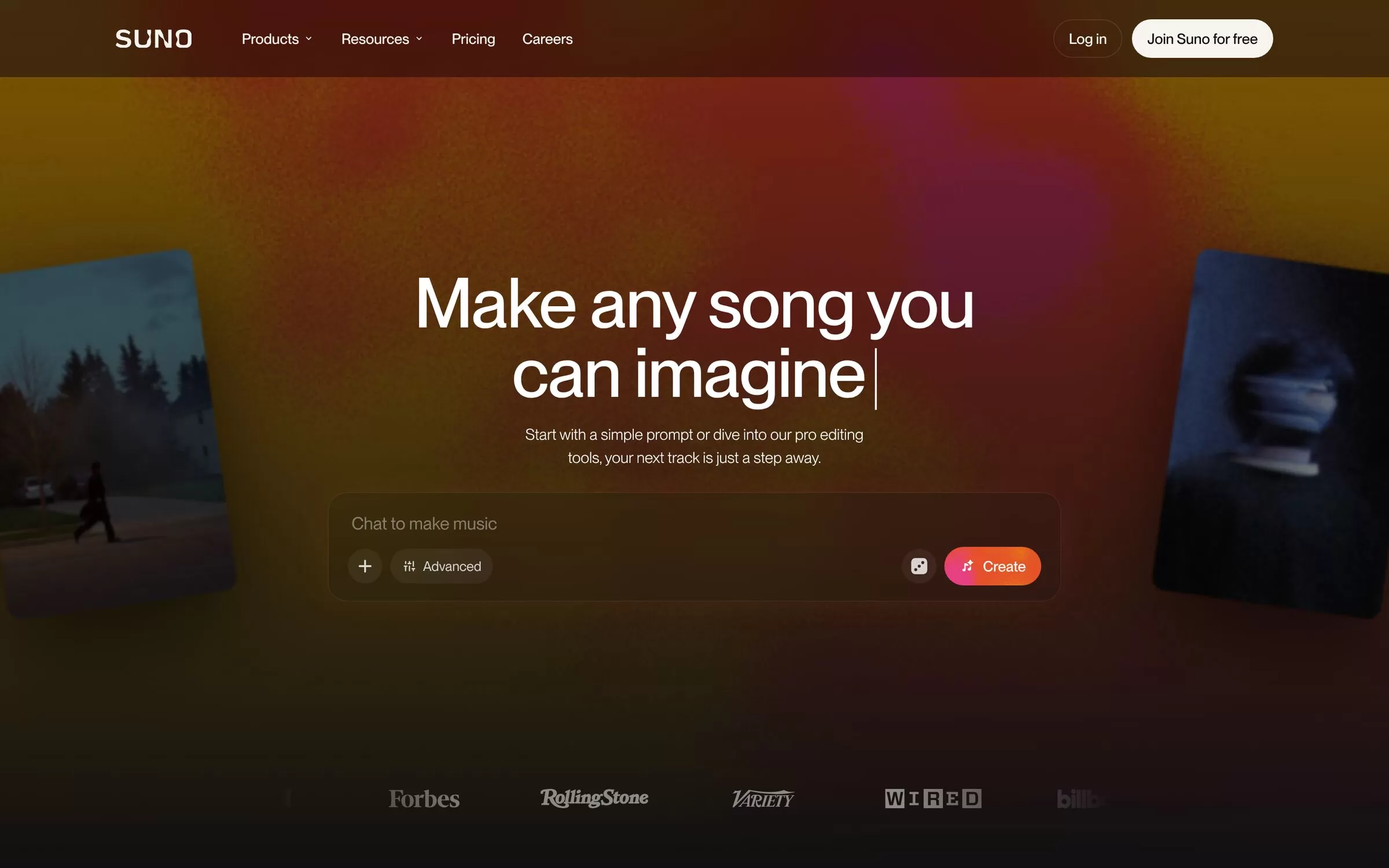 Suno homepage showing the prompt box to make a song, one of the best AI music generators