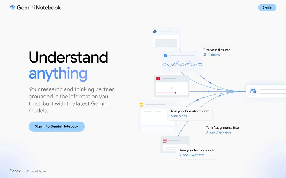 Gemini Notebook homepage showing ways to turn files into mind maps and audio overviews, one of the best AI note-taking apps for research