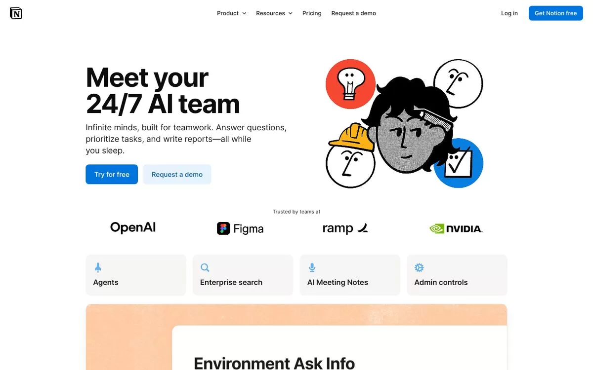 Notion AI page showing agents, enterprise search and AI Meeting Notes, one of the best AI note-taking apps for teams