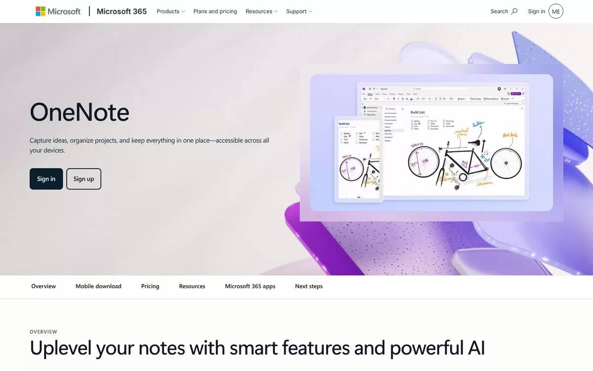 OneNote homepage showing smart features and powerful AI, one of the best AI note-taking apps for Microsoft users