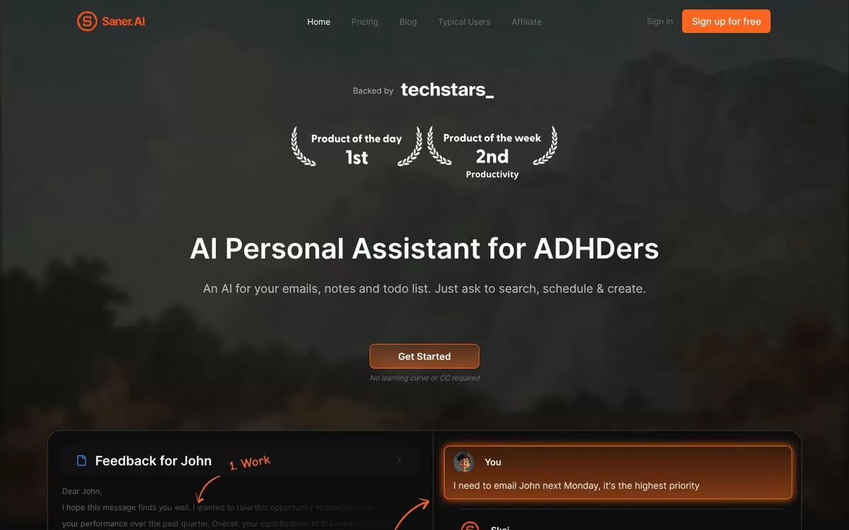 Saner.ai homepage for an AI personal assistant that combines notes, email and tasks, one of the best AI note-taking apps