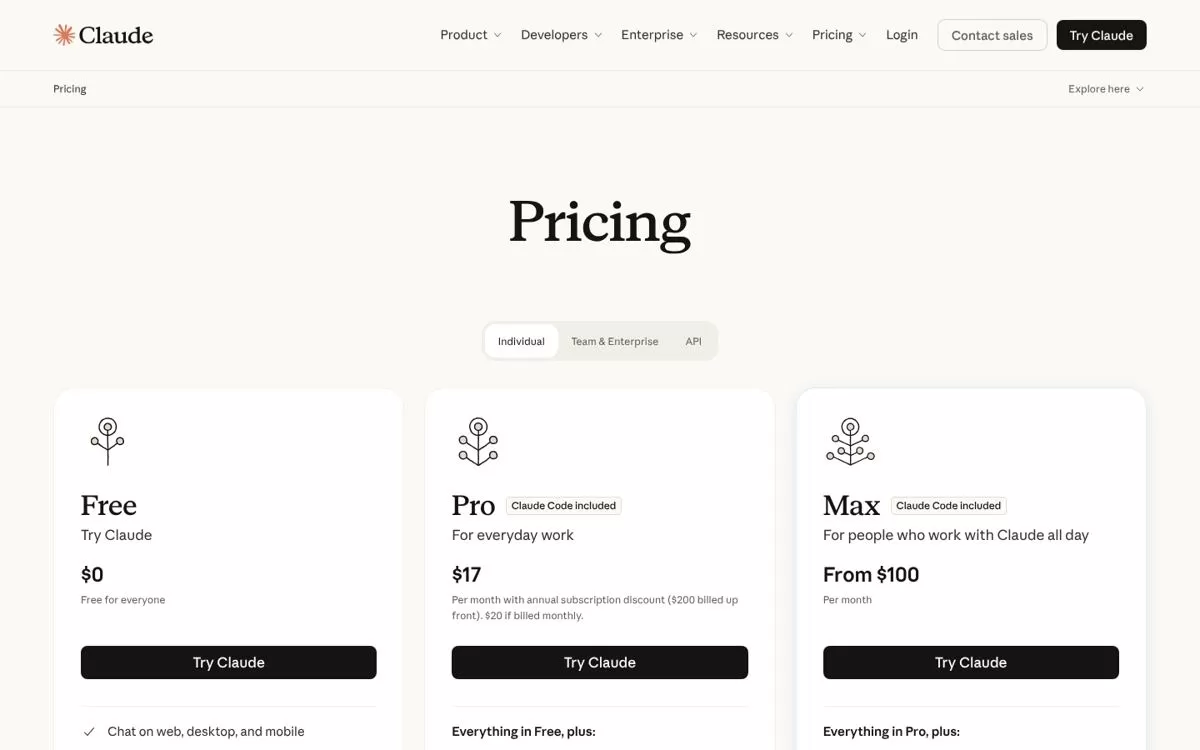 Claude pricing page with Free, Pro and Max plans, a chat assistant that works as an AI PDF summarizer, one of the best AI PDF summarizers