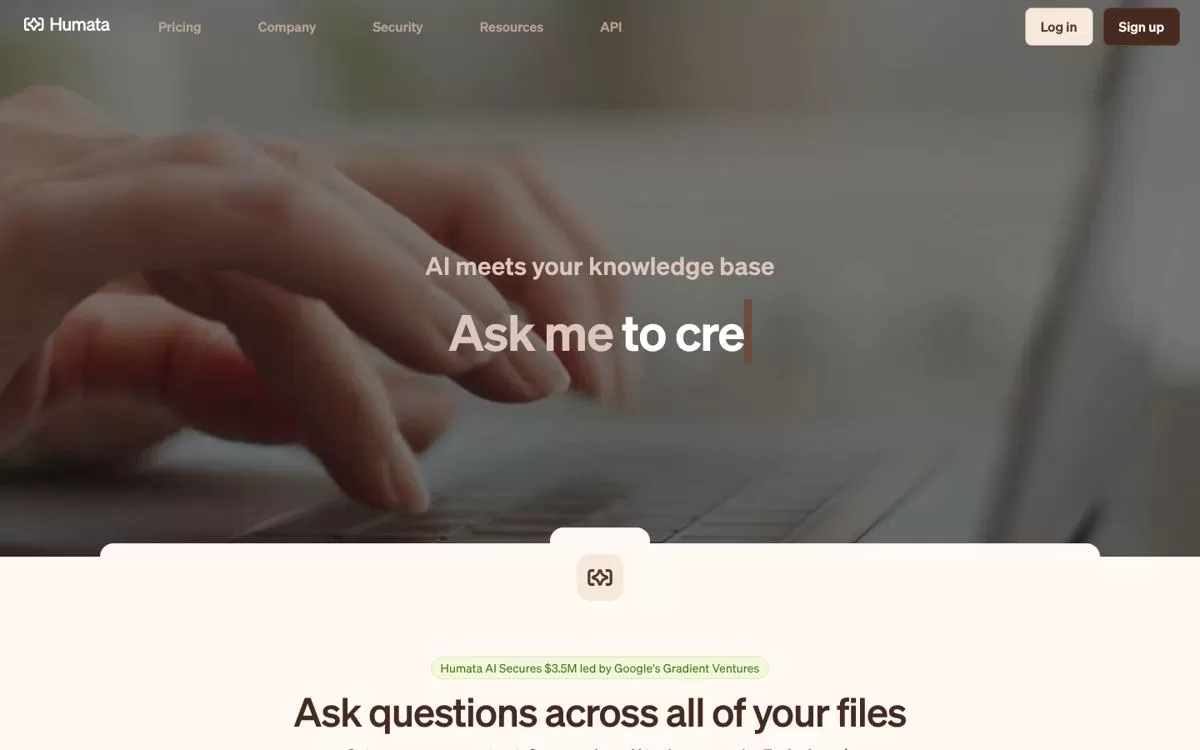 Humata homepage with the line ask questions across all of your files, an AI PDF summarizer for teams, one of the best AI PDF summarizers