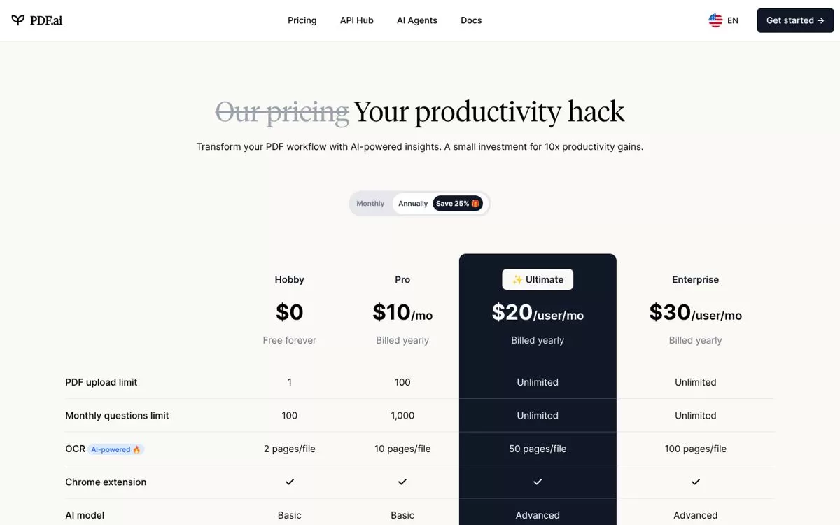 PDF.ai pricing page showing Hobby, Pro and Ultimate plans, an AI PDF summarizer with a free plan, one of the best AI PDF summarizers