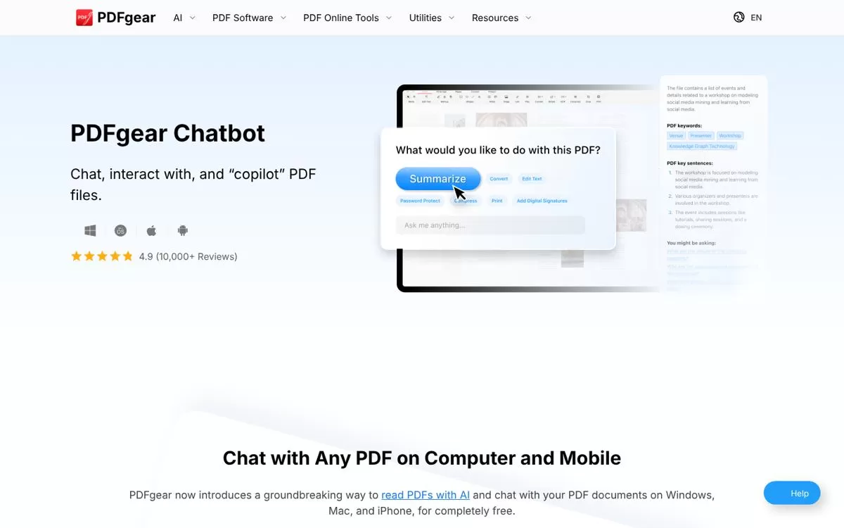 PDFgear Chatbot page showing a Summarize button inside the PDF app, a free AI PDF summarizer, one of the best AI PDF summarizers
